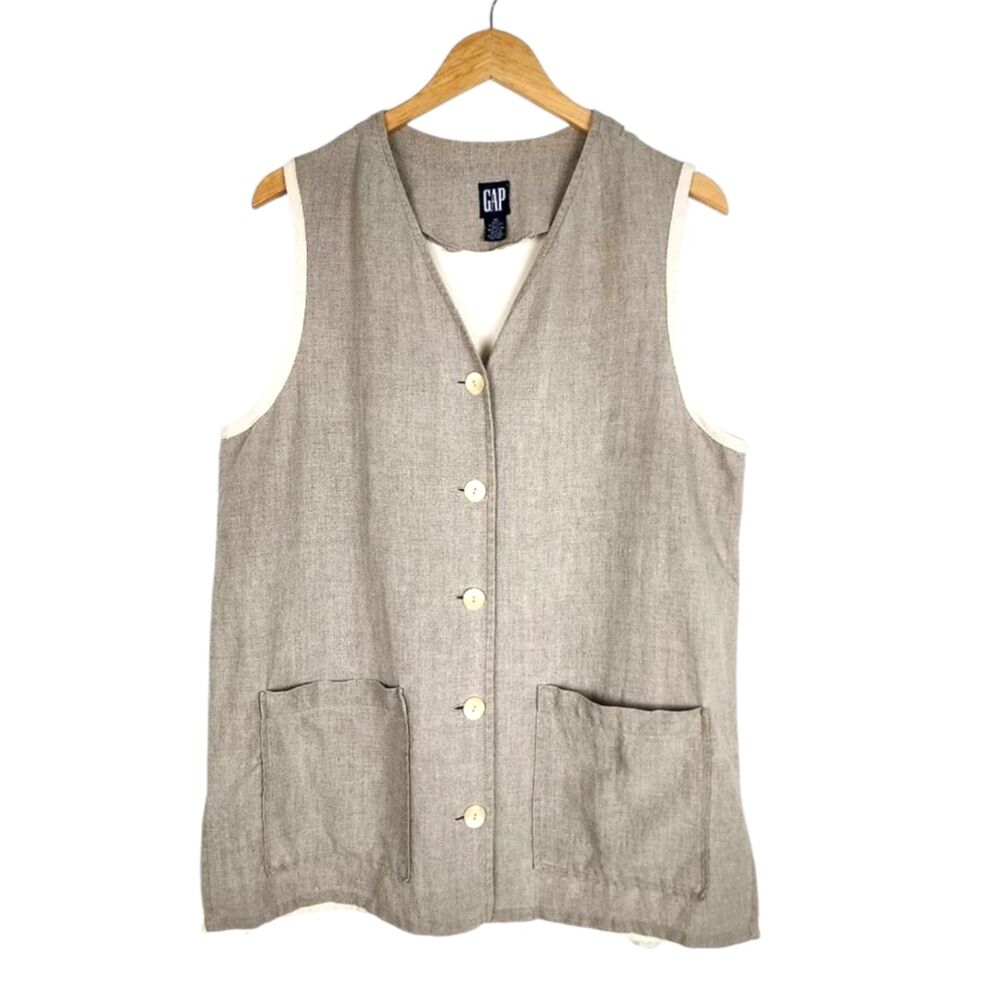 GAP Beige Linen Vest Button Up Pockets Cream Cotton Back Size M